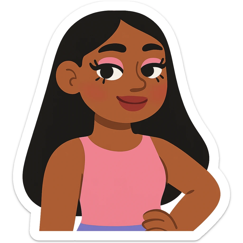 pretty girl with long black hair, button nose, brown eyes, dark skin, pretty makeup and lashes sticker