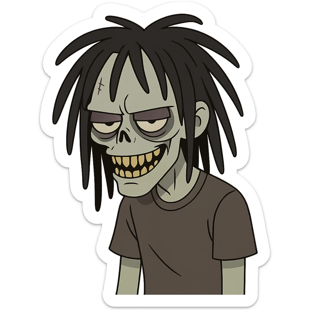spooky cartoon emo boy zombie, medium-long black freeform dreads, shaggy, with a sinister, creepy face sticker