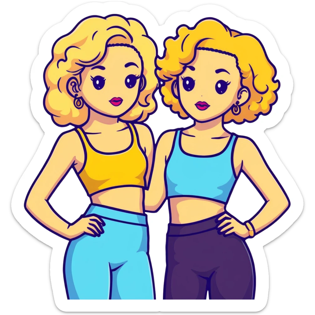 Full body of two teenage girls standing together, one white with straight blonde hair and one brown-skinned with curly dark hair, both with heavy makeup, big lips, crop tops, gold jewelry and flashy choni style outfits sticker