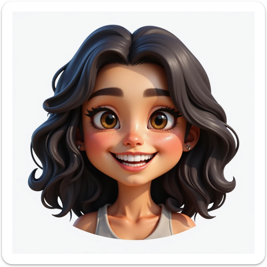 realistic emoji of a woman, dark curly shoulder-length hair, big smile showing teeth, almond-shaped eyes, freckles, radiant skin, calm and approachable sticker