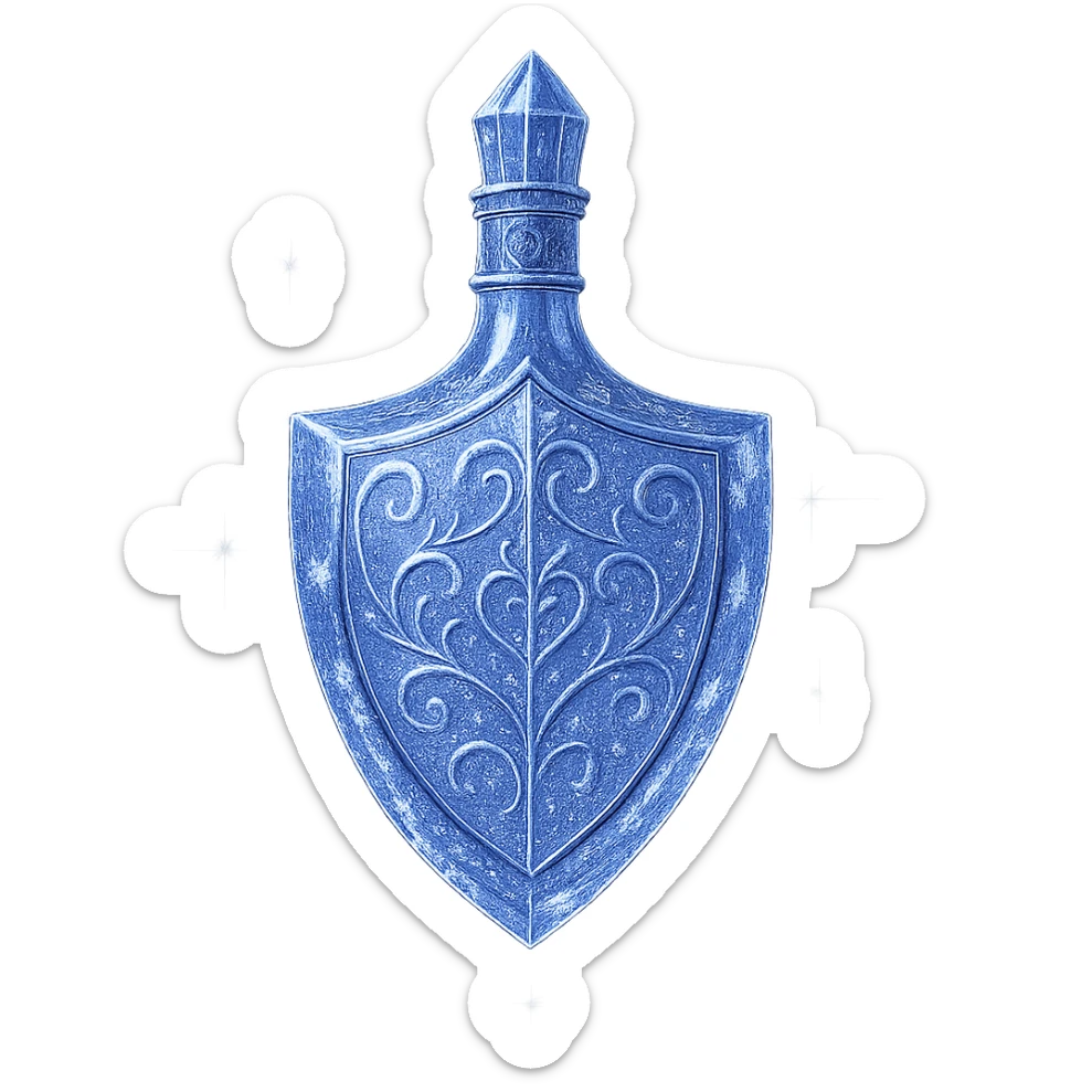 išskirtinai prabangus eliksyro buteliukas, skydo forma, spalva #7986cb, daugiasluoksniai holografiniai ir sidabriniai ornamentai, kristalo tekstūra, daug magiškų švytėjimų ir žėrėjimo, šviesos spinduliai, labai mažas kaklelis, dailus vientisas dugnas, skaidrus fonas, buteliukas aiškiai plūduriuoja ore, be pagrindo ar šešėlio, nestovi, modernus, kolekcijai tinkamas, ypatingai gražus sticker