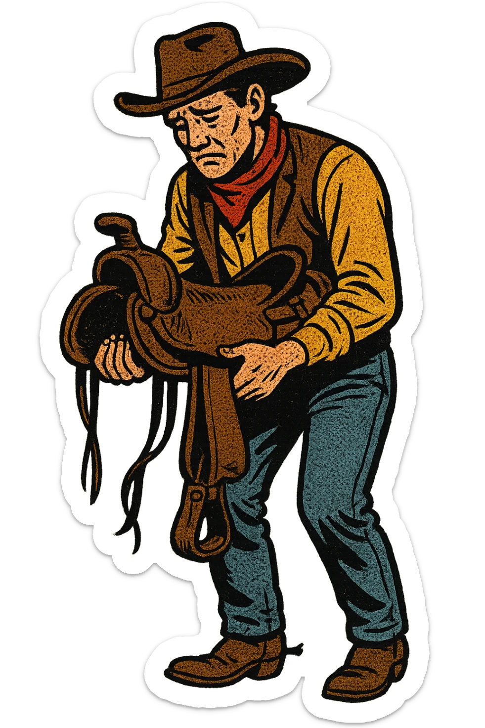 The full body of a sad American West cowboy from the 1860s holding a saddle sticker