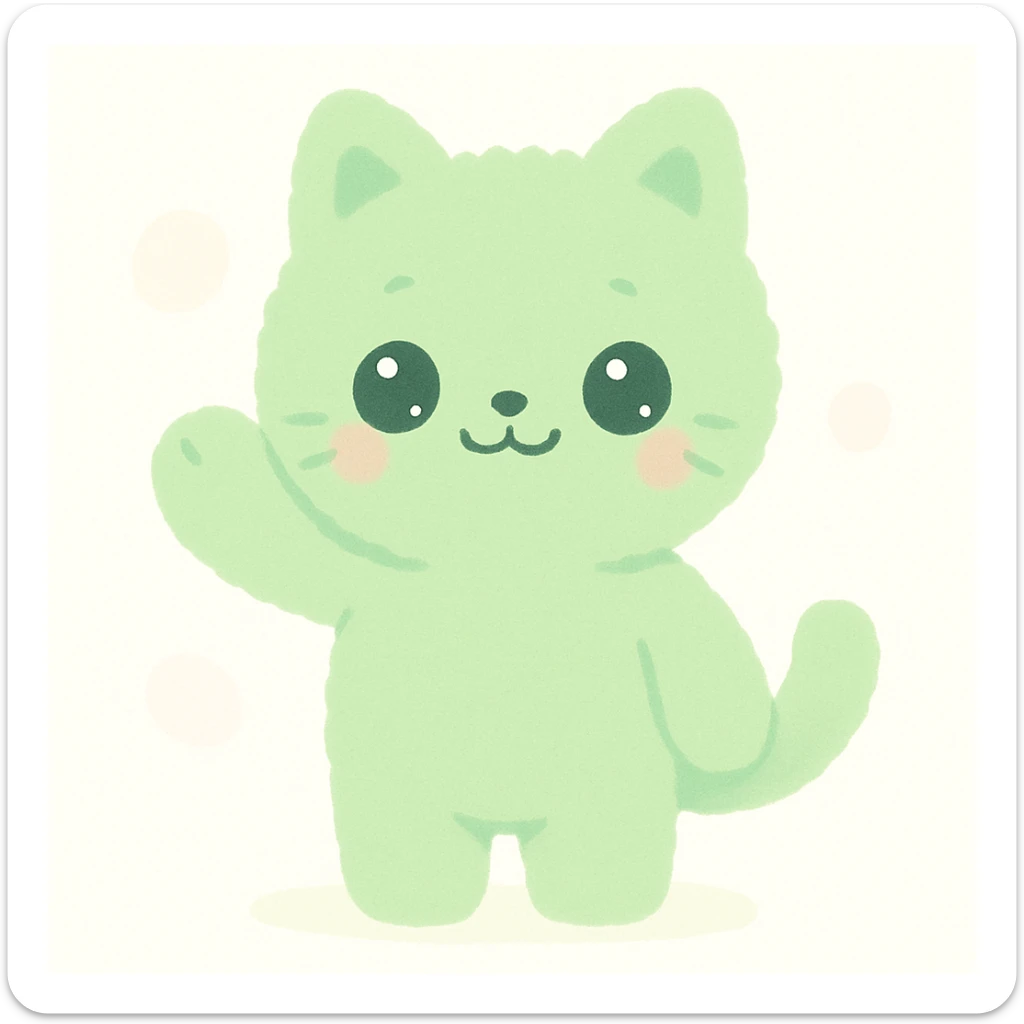 green fuzzy cute cat, standing, waving paw, sparkling eyes, plush toy look, clean background sticker