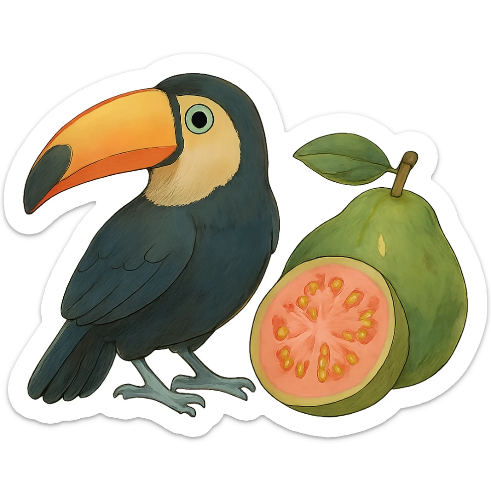 ghibli style toucan and guava sticker