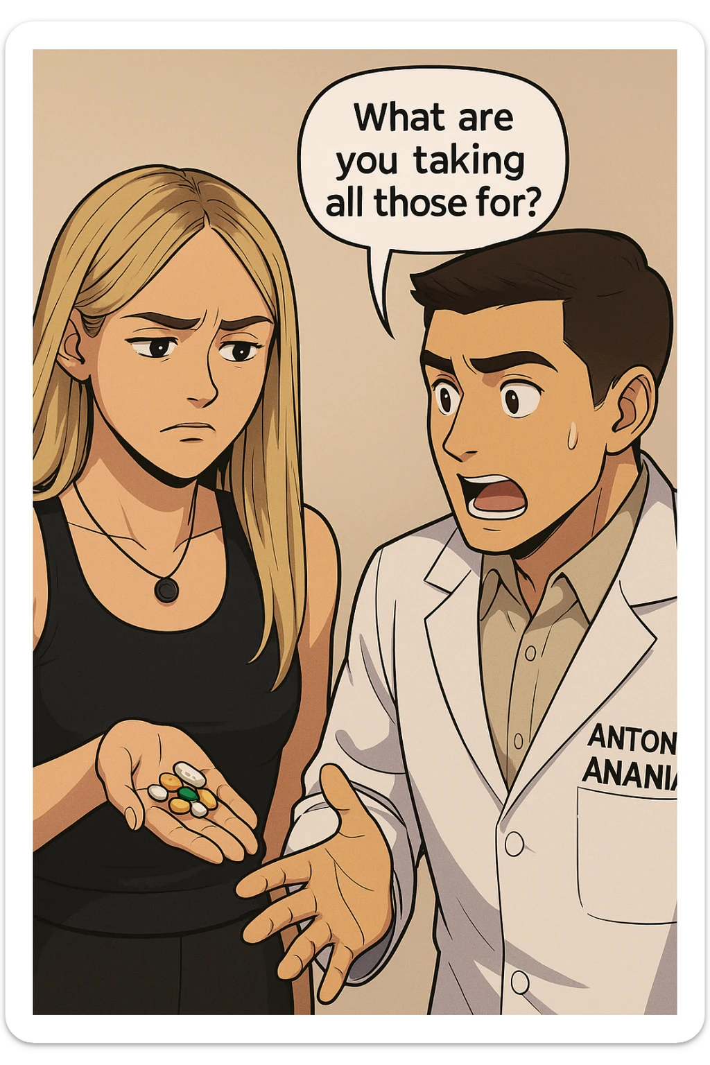 fai un webtoon/manga a colori con questo kinesiologo in camice bianco (fagli la scritta "ANTONIO ANANIA" SUL CAMICE) CHE PARLA CON QUESTA RAGAZZA. LA RAGAZZA HA UN PUGNO DI INTEGRATORI IN MANO (TANTE PILLOLE DIVERSE) E LE GUARDA DUBBIOSA. IL KINESIOLOGO CON IL CAMICE BIANCO LE DOMANDA UNA COSA SCIOCCATO. NON FARE I FUMETTI, FAI SOLO LORO COME SE DIALOGASSERO sticker