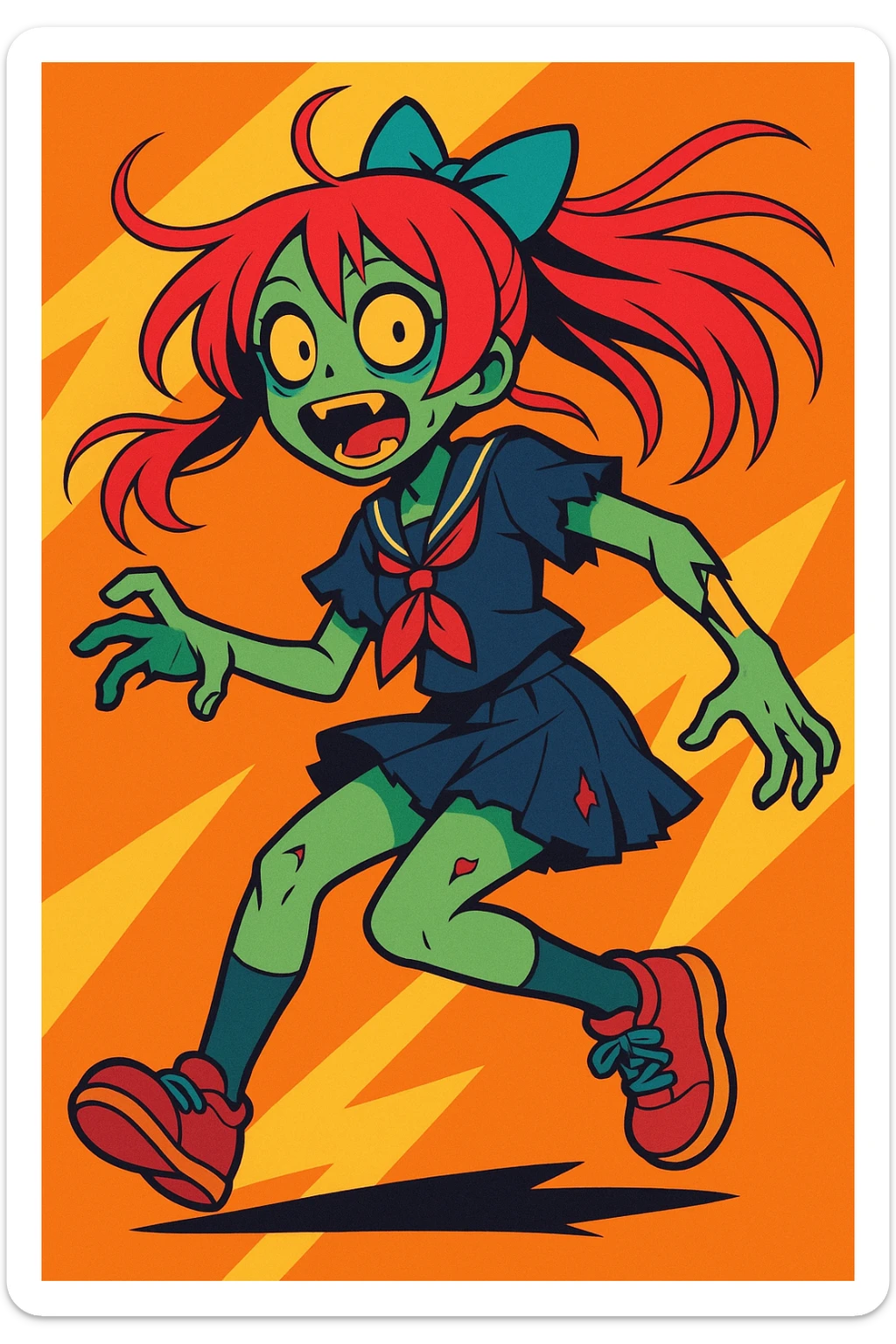a zombie girl with long wispy hair, vibrant anime style, bright colors, dynamic pose sticker