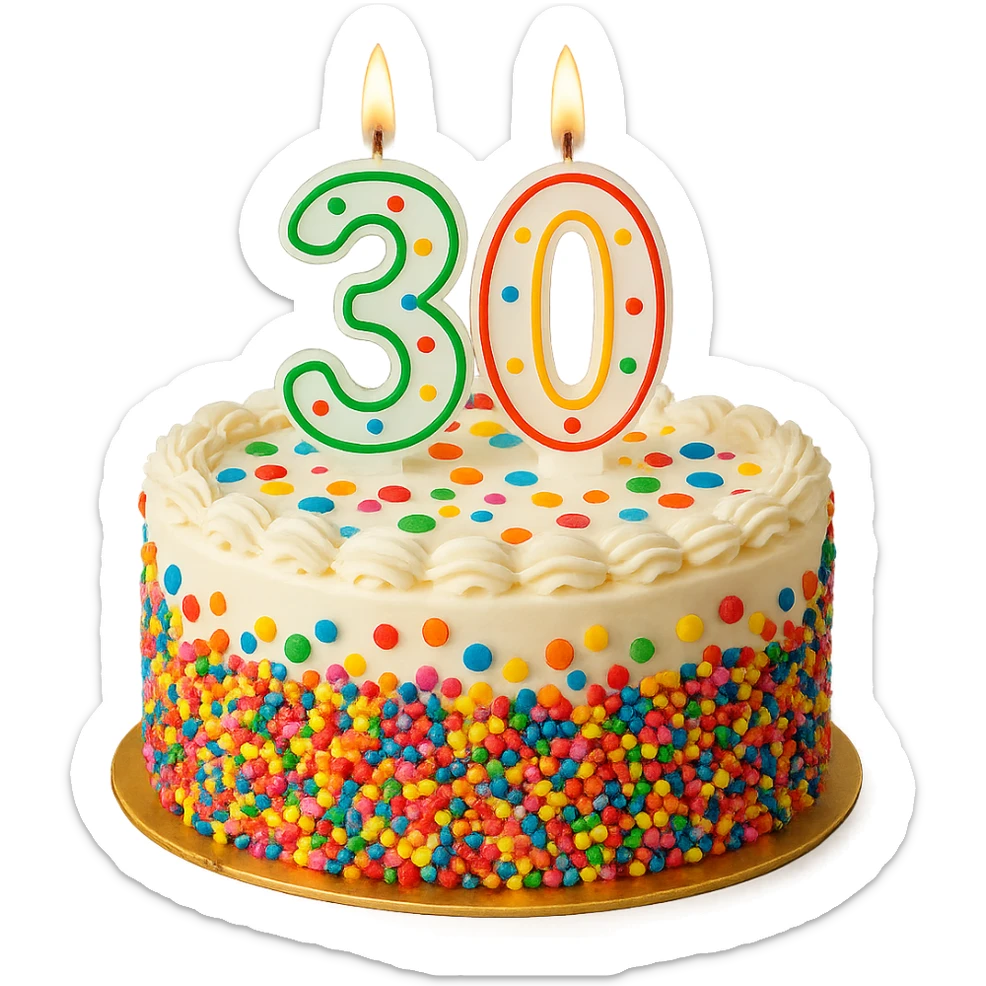 birthday cake with a candle shaped like the number 30, festive, colorful, clear candle shape, no text on cake sticker