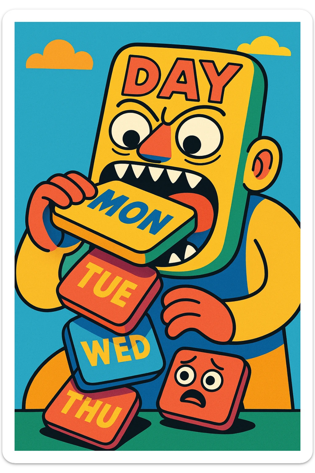 A surreal image of a day eating all the previous days. The day is depicted as a colorful, cartoonish character with a big mouth, consuming smaller representations of past days. sticker