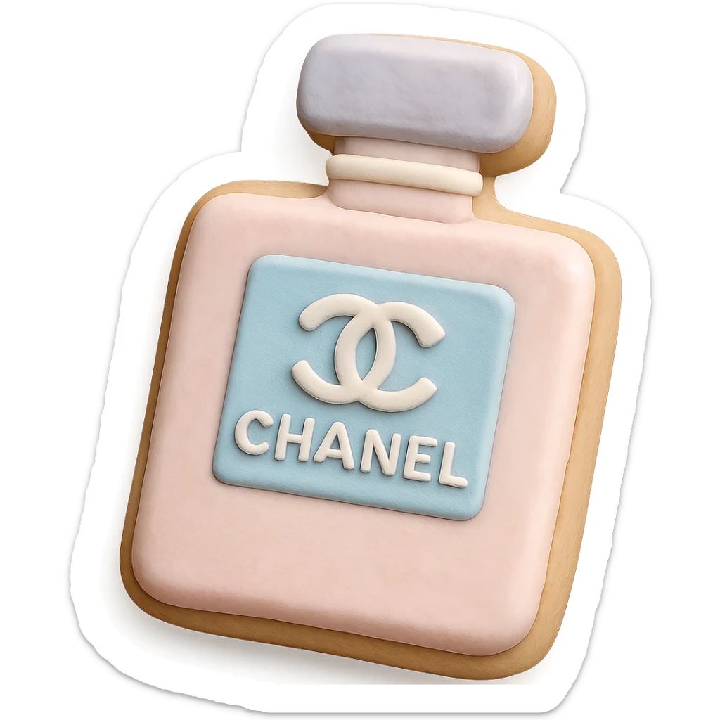 pastel Chanel cookie, shaped like a perfume bottle with logo sticker