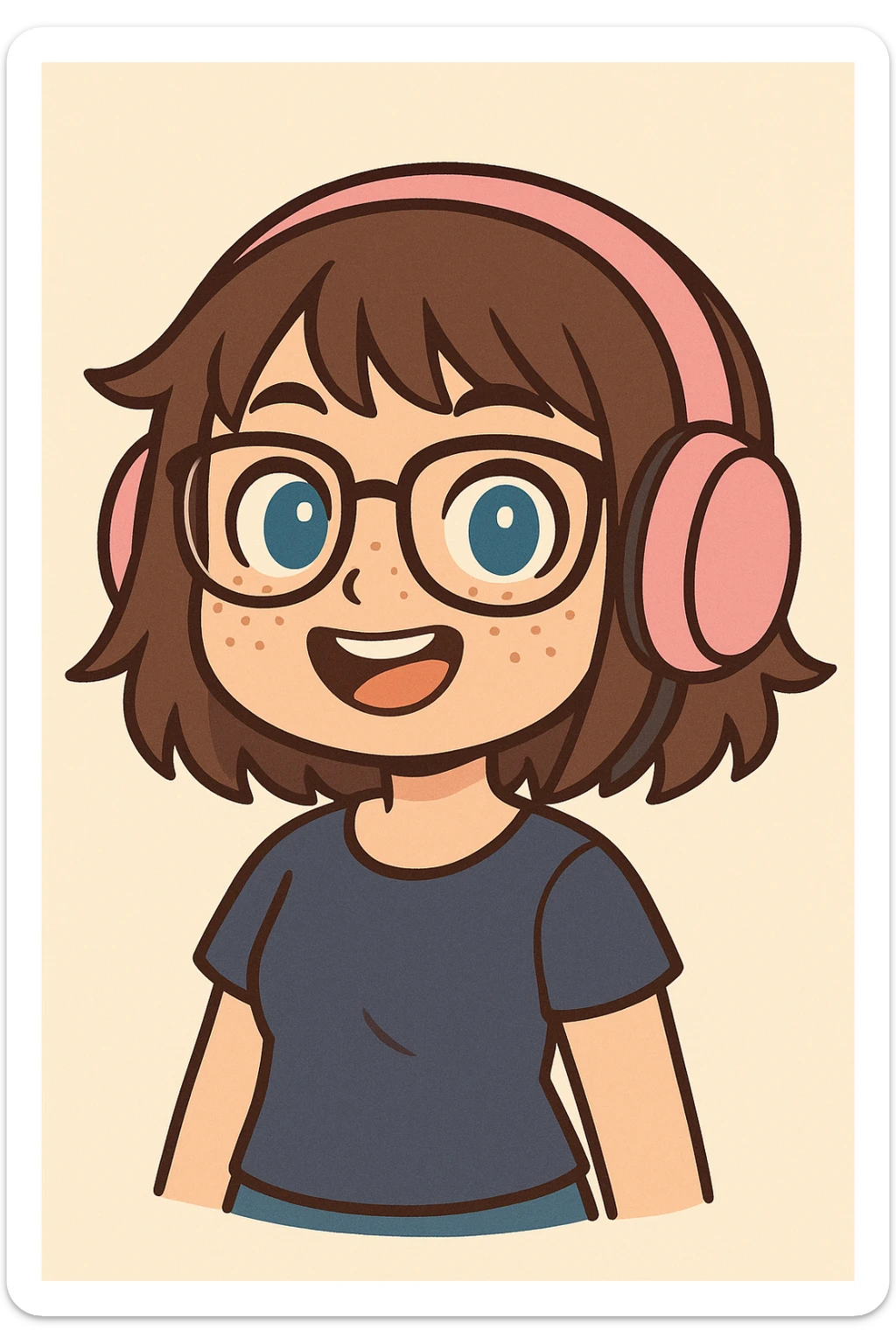chibi woman with shoulder length choppy brown hair, pink gaming headset, freckles, glasses, and blue eyes sticker