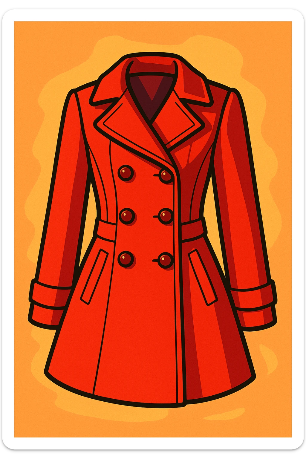 chic red pea coat for women, double-breasted, fashionable, vibrant toon style sticker