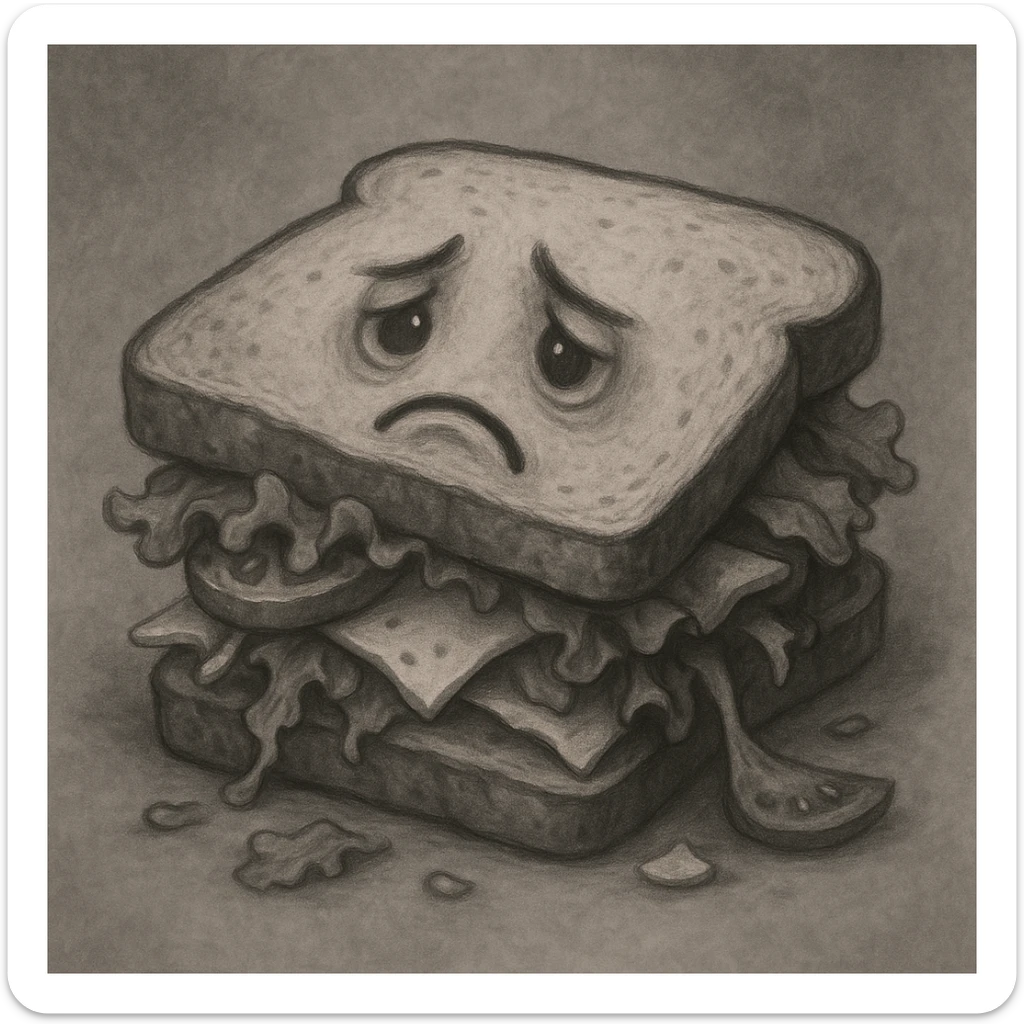 a sandwich with a downturned mouth, sad eyes, ingredients falling out, grayish palette sticker
