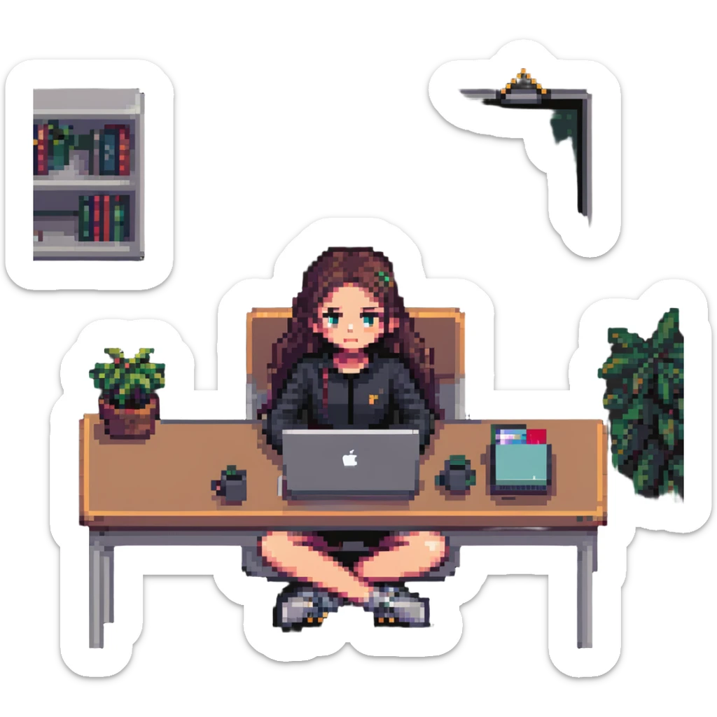 a girl sitting at a desk with a MacBook, focus on face and laptop, pixel art style sticker