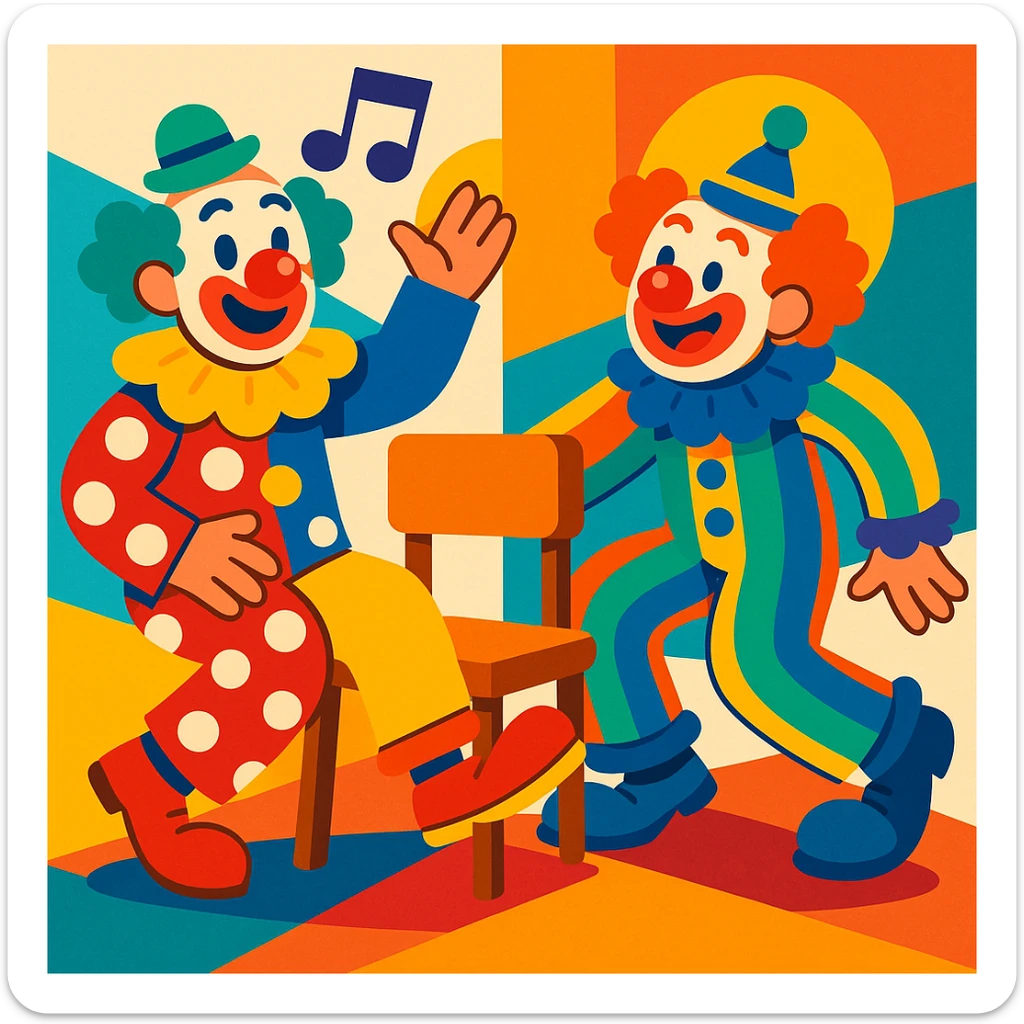 two clowns playing musical chairs, playful and colorful vibrant toon style sticker