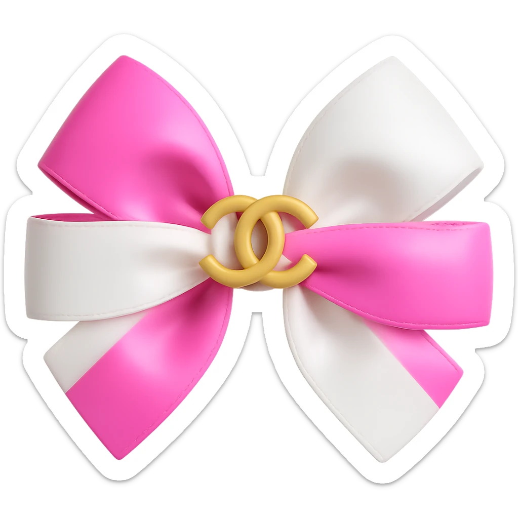 Change the bow to pink and white, keep the gold Chanel logo, glossy, 3D emoji style. Remove the background. sticker