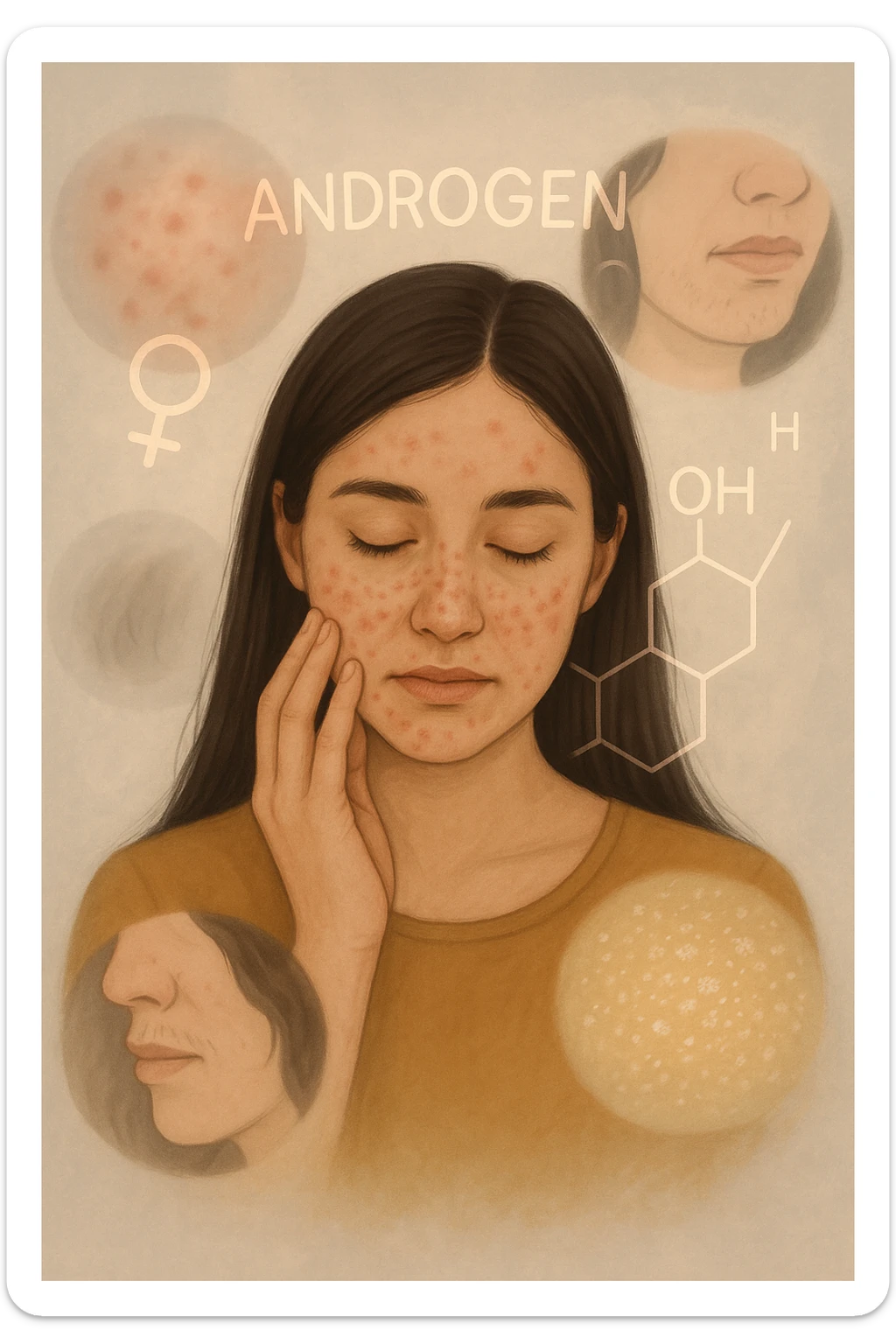 A young woman is surrounded by faint overlays of hormonal symbols and androgen molecules, with shadowy images of acne, facial hair, and oily skin projected around her, symbolizing the symptoms of PCOS with androgen excess. She looks down, gently touching her face with a resigned but hopeful expression, symbolizing her journey toward managing these symptoms. in italiano sticker