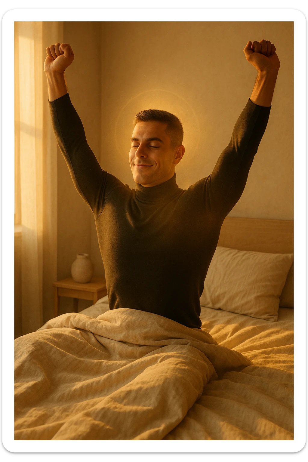A cinematic photo of a man stretching in bed just after waking up, the morning sunlight flooding the room. His skin glows slightly, expression rested and serene. Muscles subtly defined, energy flowing through his posture. The air is filled with a golden calm. A symbolic glow surrounds his head and chest, representing mental clarity and physical recovery. The scene is clean, natural, minimalist. Rich in textures and realistic warmth. sticker