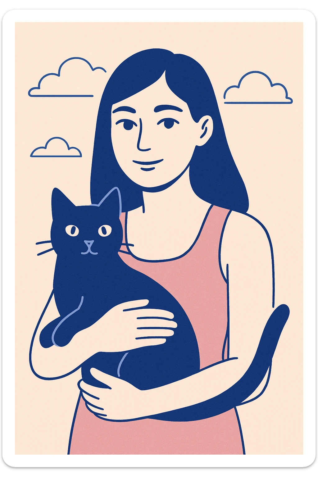 pretty woman with black hair and brown eyes, wearing a pink tank top, holding a black cat, modern flat illustration style sticker
