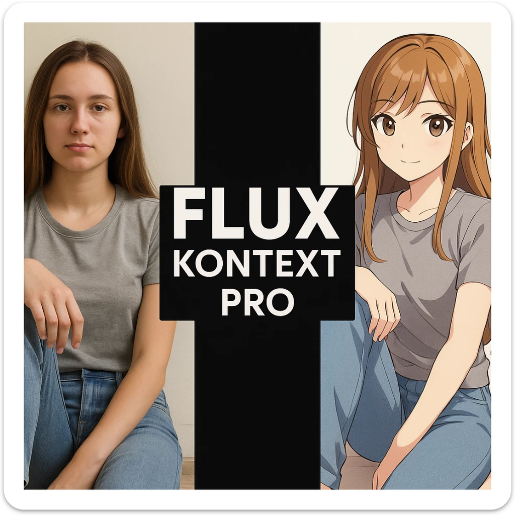 create before after image of a girl before is realsitic photo, after is anime version of her in same pose and clothes, add logo with text of a "FLUX Kontext Pro" in middle in big, black background sticker