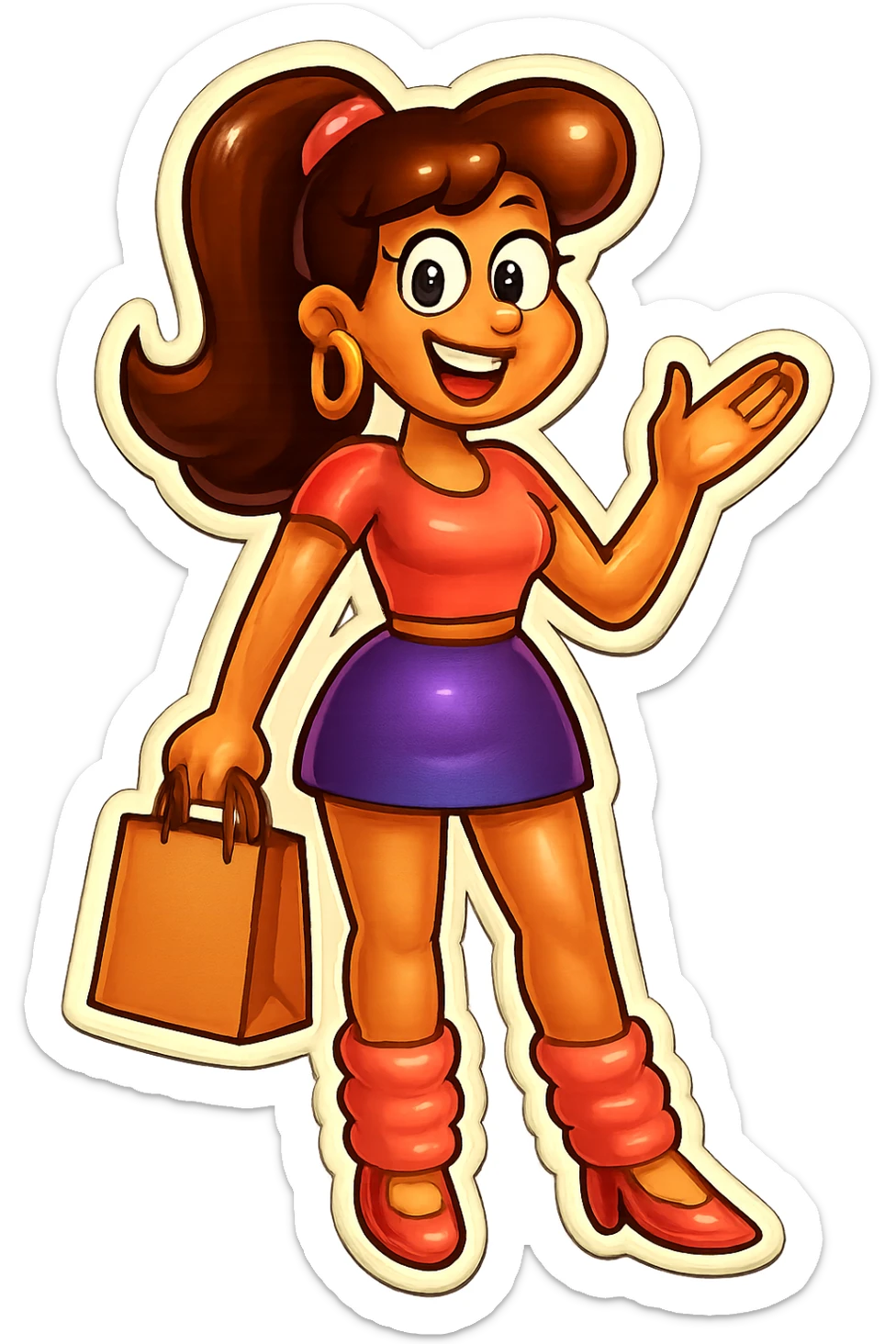 Change the hair color to brunette while keeping the valley girl holding a shopping bag, crop top, miniskirt, leg warmers, and bubbly smile. sticker