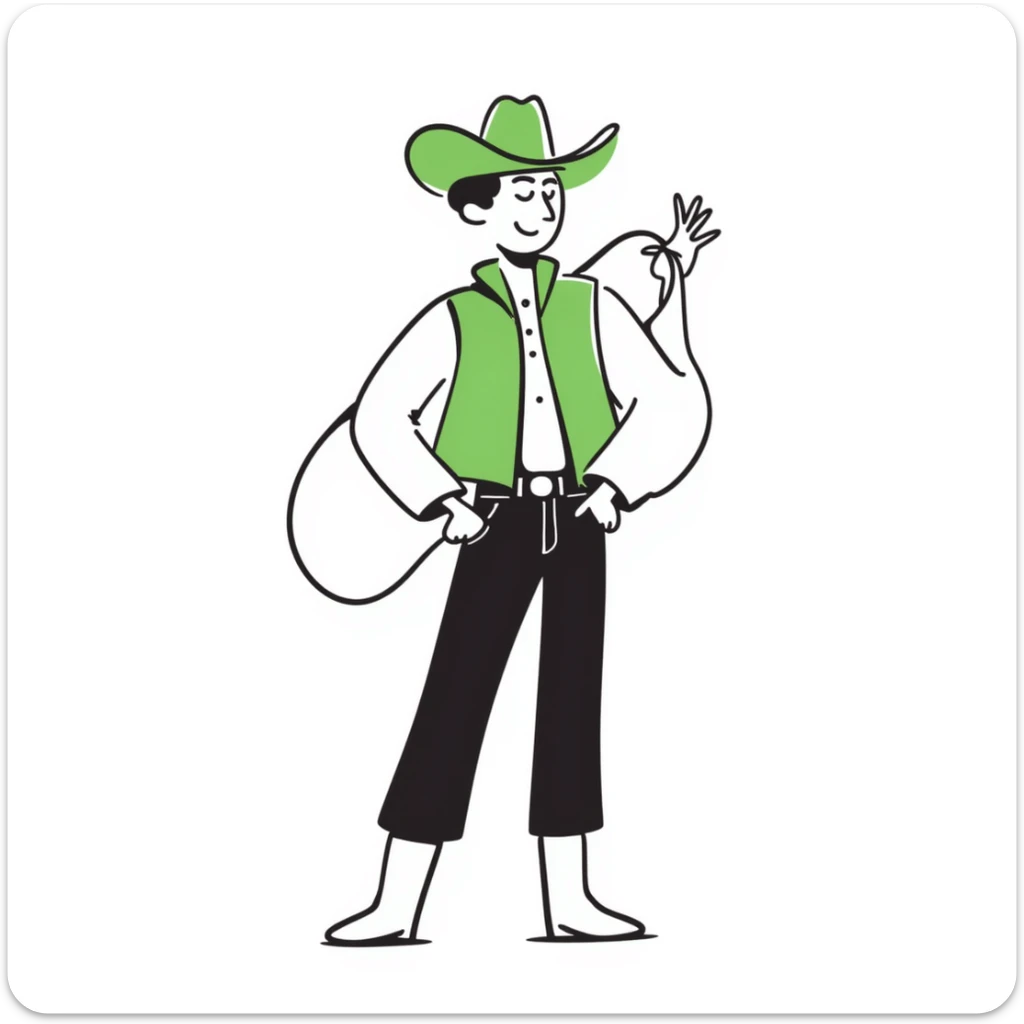 Cowboy wearing a bright green hat with no star, lasso in hand, western outfit sticker