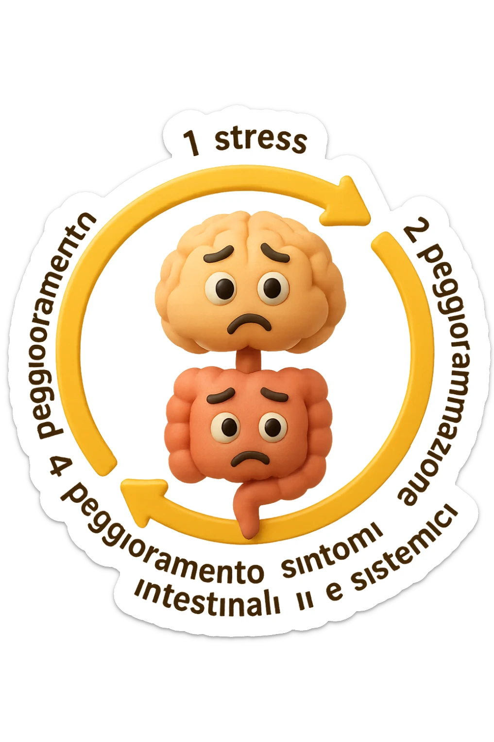 EMOJI STILE IPHONE 3D DI un cerchio con queste scritte che girano intorno in ordine per come li ho scritti "1. stress → 2. peggioramento intestinale → 3. aumento infiammazione → 4. peggioramento sintomi intestinali e sistemici." al centro del cerchio metti un cervello e intestino umani collegati verticalmente con espressione dubbiosa in volto, FALLO MOLTO REALISTICO IN 3D sticker