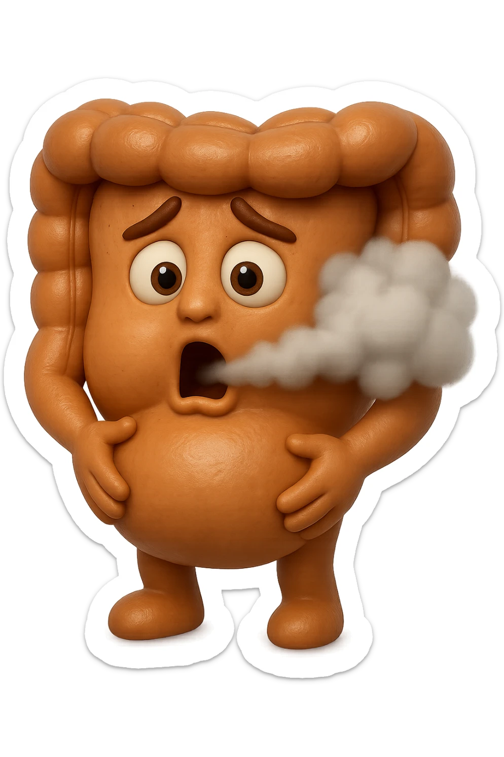 emoji stile iphone di un intestino che ingoia una nuvoletta di aria ben visibile e gli si gonfia la pancia, iperrealistico 4k sticker