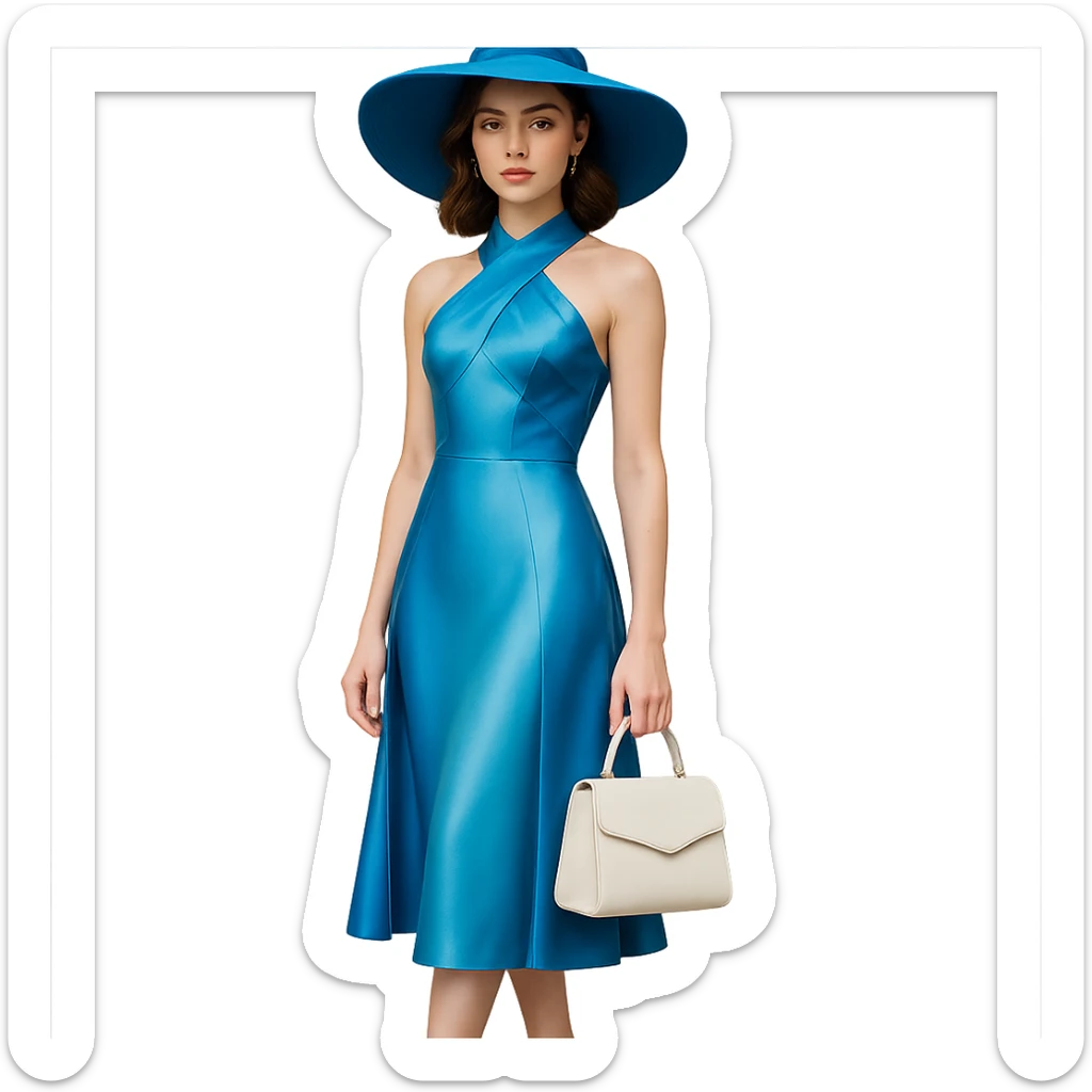 Create a photorealistic full-length portrait of a girl inspired in colors and shapes by the referenced perfume bottle. She wears a wide-brimmed blue hat and holds a white handbag in an elegant pose. The background should be removed, leaving only the subject isolated. sticker