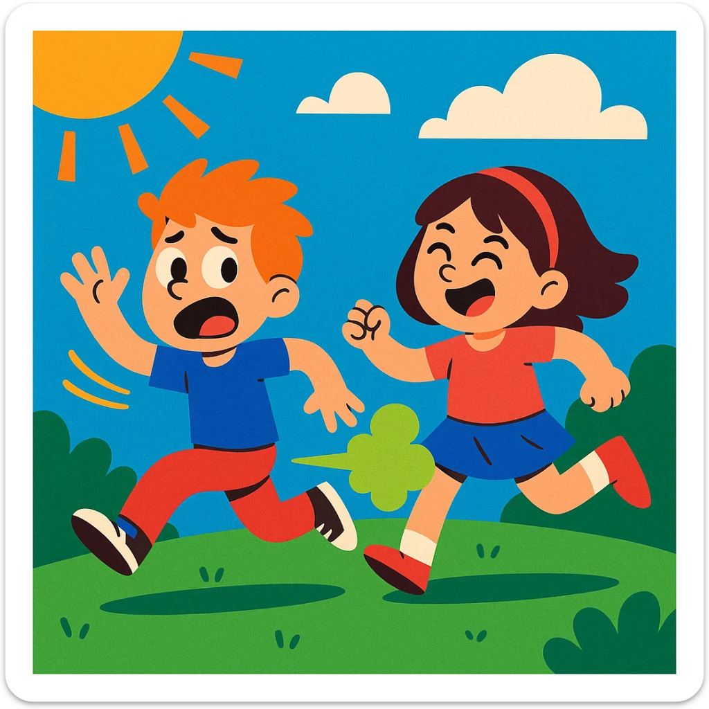 funny scene: boy escaping from a farting girl, cartoon, playful, energetic, vibrant toon style, colorful sticker