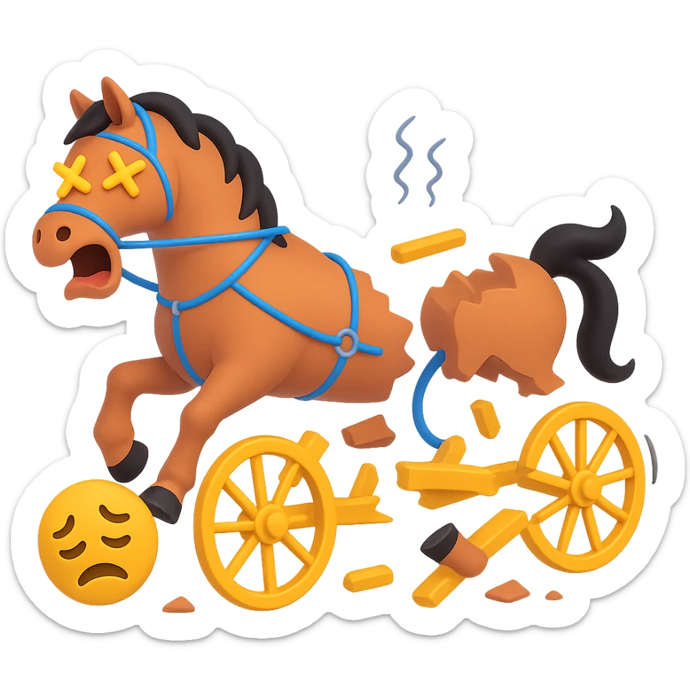 Make the horse cart look broken and add funny, exaggerated emoji expressions to the horse and cart. Keep the style consistent. The style is emoji style. Keep the background transparent. sticker