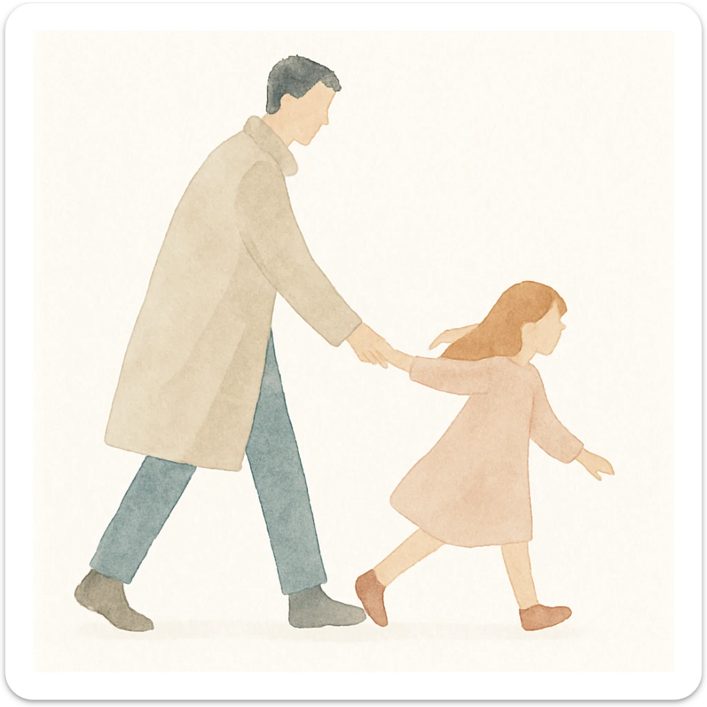a man in a trench coat dragging a girl, rendered in watercolor art style sticker