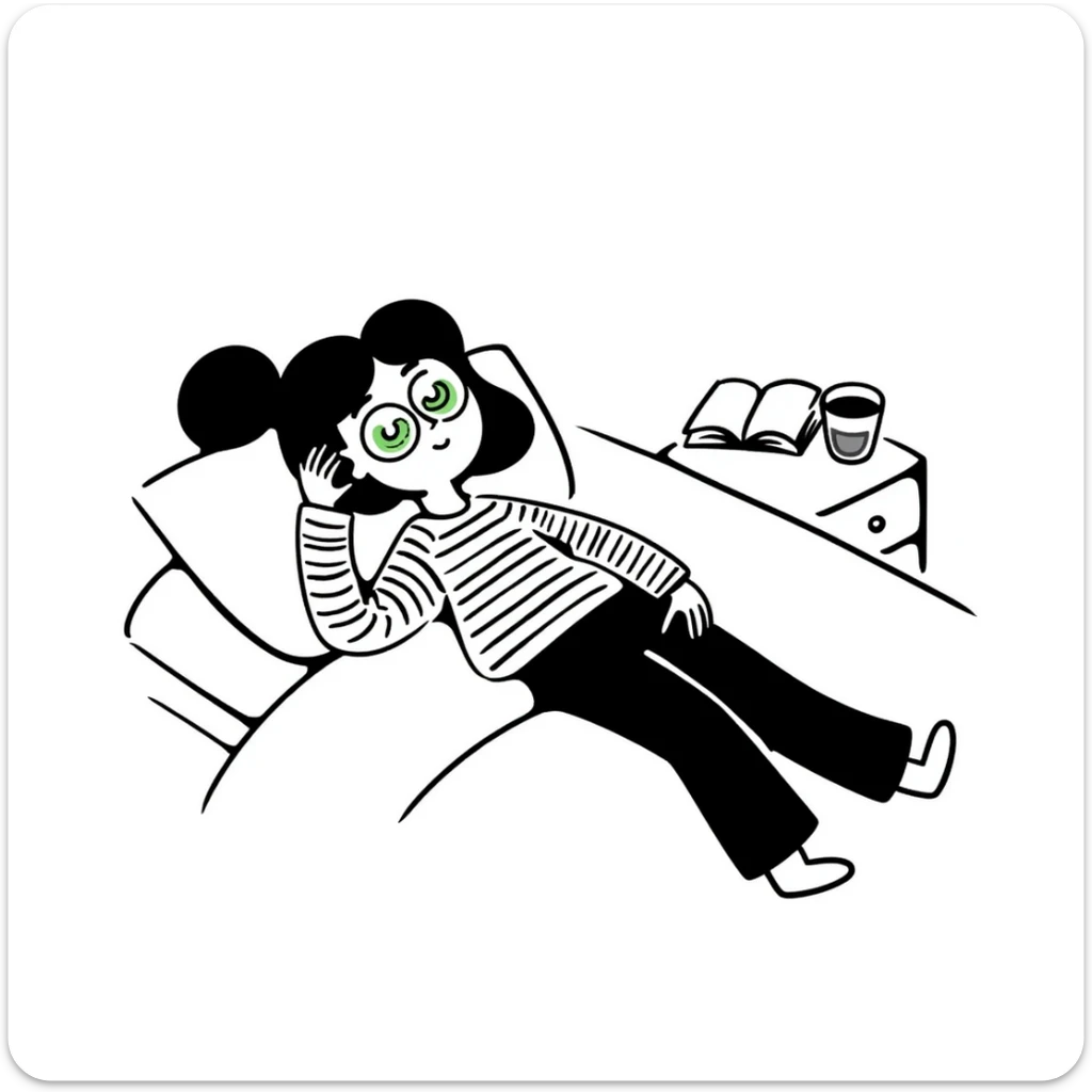 Hand drawn girl sleeping with cucumber slices on eyes and face mask, self care night sticker