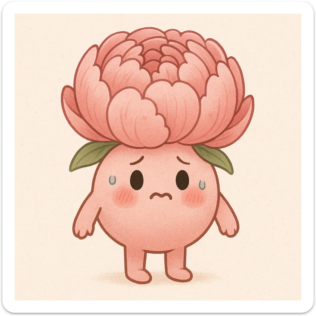 cute anthropomorphic pink peony flower with a round body, arms and legs, blushing cheeks, nervous expression sticker