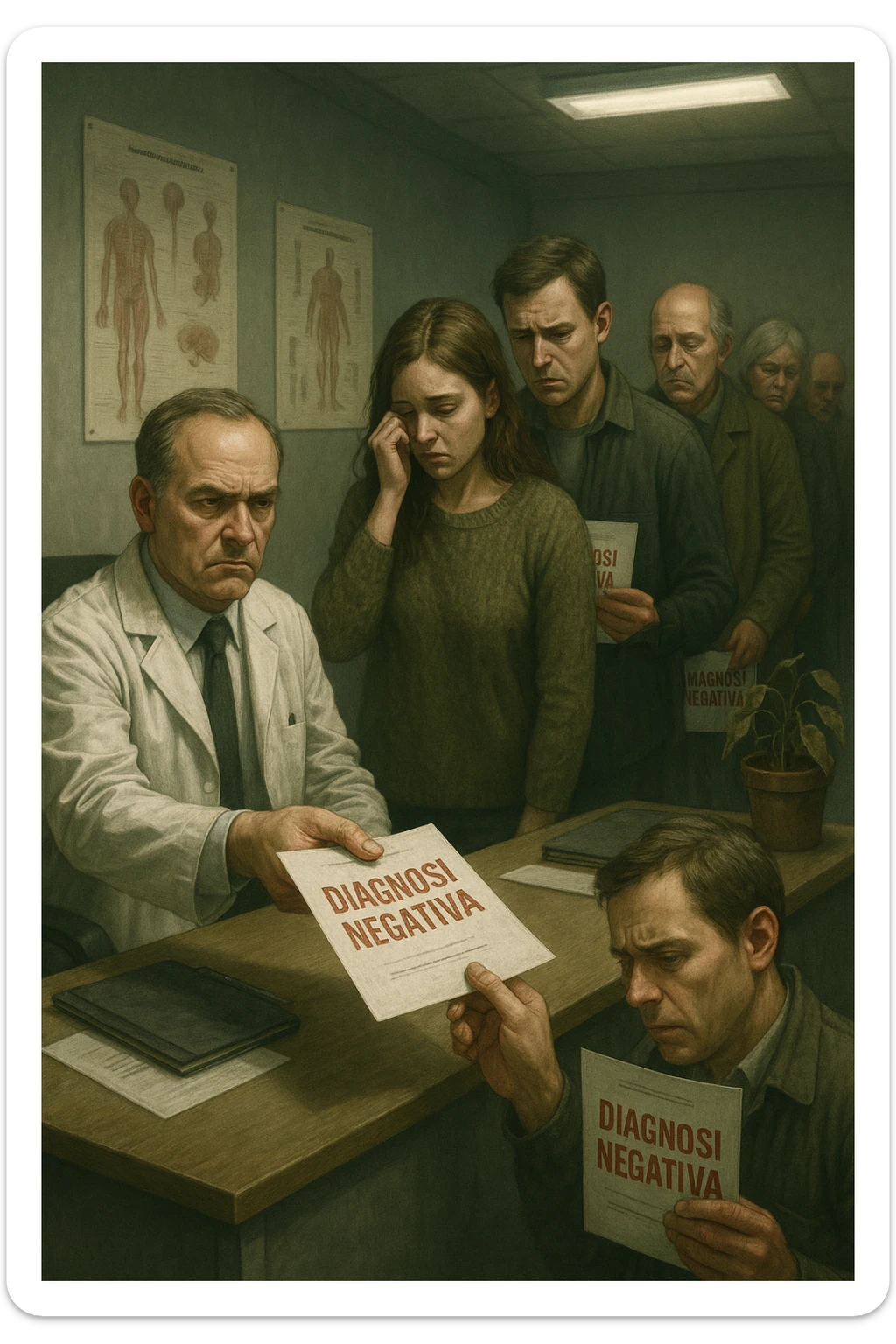 A realistic, cinematic illustration set in a dull, grey-toned medical office. A middle-aged male doctor in a white coat with a stern, cold expression is seated at his desk, handing out medical reports with large red ‘Negative Diagnosis’ stamps to each patient in line. The patients, of various ages and appearances, stand in a line, each looking increasingly sad, defeated, and demoralized as they receive their papers, with slumped shoulders and empty gazes. One young woman wipes away a tear, while a man stares at the paper in shock. The background shows medical posters, a faded plant, and harsh fluorescent lighting, emphasizing the cold, mechanical environment. The mood is heavy, illustrating how negative diagnoses delivered without empatia can deeply affect the mental health and morale of patients. The style is realistic, with subtle filmic grain, emphasizing emotional impact and the weight of medical words on people’s lives. in italiano sticker