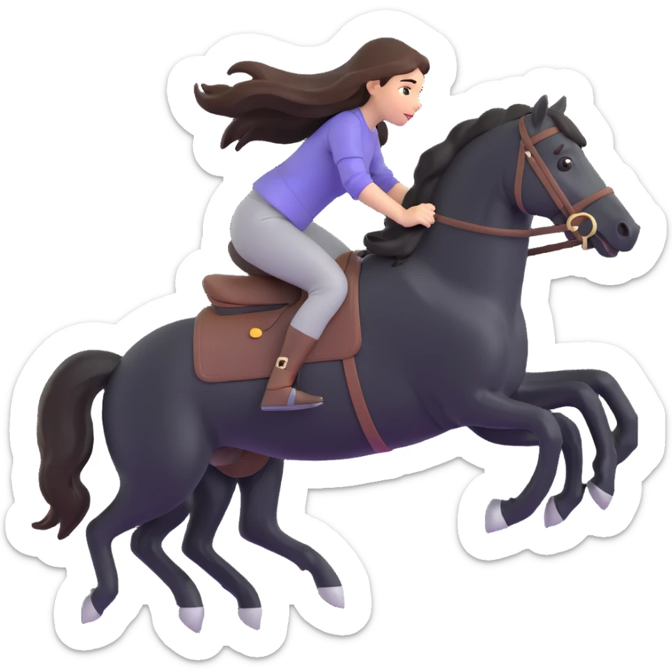 girl with long brunette hair riding a black horse at full speed, no saddle, hair and mane flying sticker