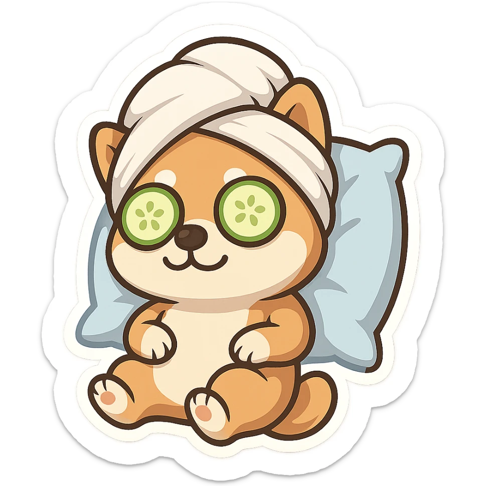 Relaxed dog with cucumber slices on eyes, towel wrapped on head and pillow sticker