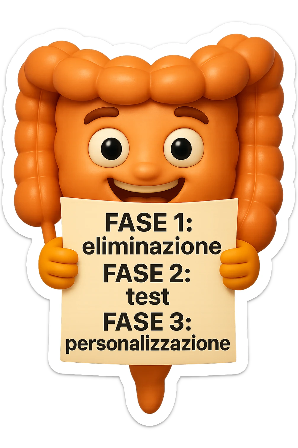 emoji stile iphone 3d di un intestino che tiene in mano un foglio con la scritta "FASE 1: eliminazione, FASE 2: test, FASE 3: personalizzazione, IPERREALISTICO 4K sticker