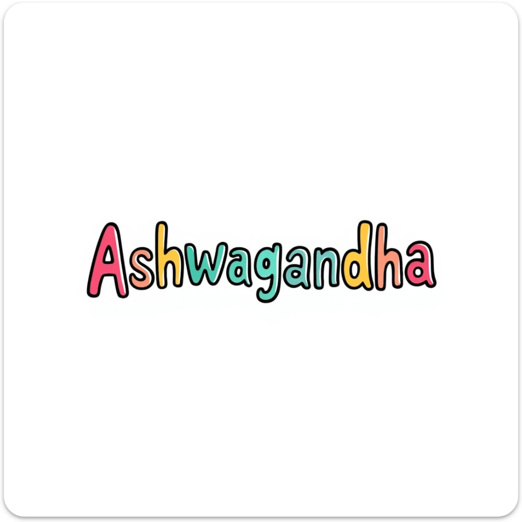 The word "Ashwagandha" hand-drawn in a vibrant tropical color scheme with pinks, teals, and yellows. Simple doodle style with minimal decoration. sticker