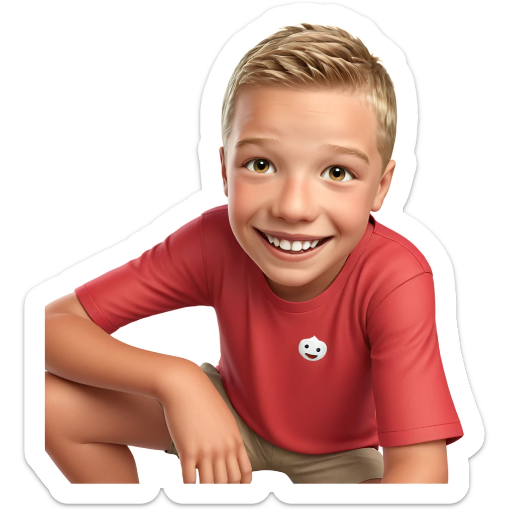 smiling boy in red shirt sticker