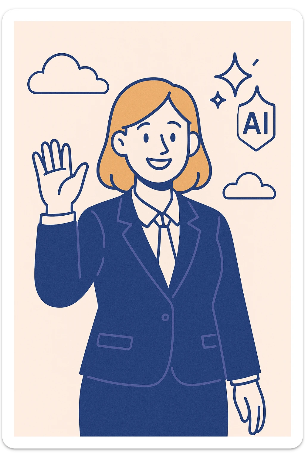 Change the business woman's hair to orange or blonde, keep her smiling in a suit, waving, with an AI sparkle above her shoulder, in a clean modern illustration style. sticker