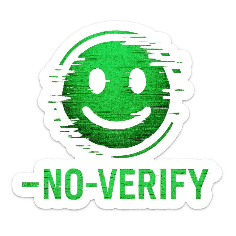 emoji style icon, '--no-verify' text, glitch effect, green and black color scheme, Matrix vibes sticker