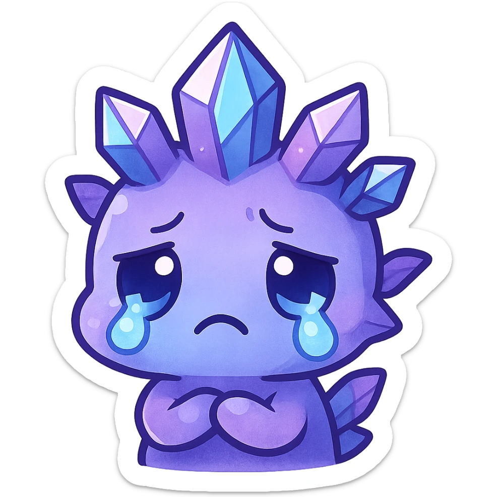 chibi kawaii style emote of a crystal sprite creature, colors purple blue and pink, sad expression sticker