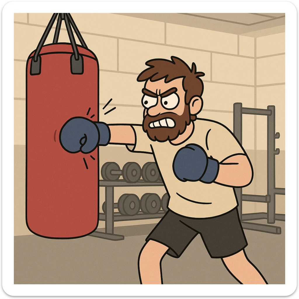 Hit a punching bag – to punch a padded bag for exercise or stress relief.
He went to the gym to hit a punching bag and blow off steam. Background Gym
 sticker