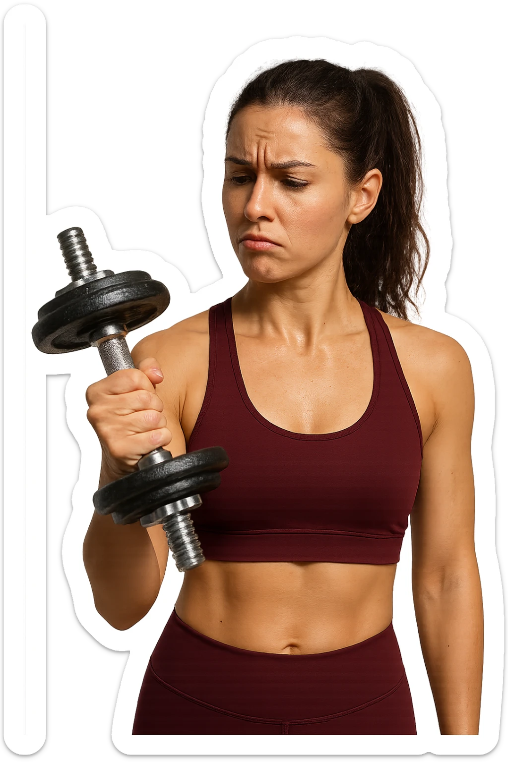 DONNA FITNESS CHE GUARDA DUBBIOSA UN MANUBRIO DA PALESTRA CHE HA IN MANO, iperrealistico 4k sticker