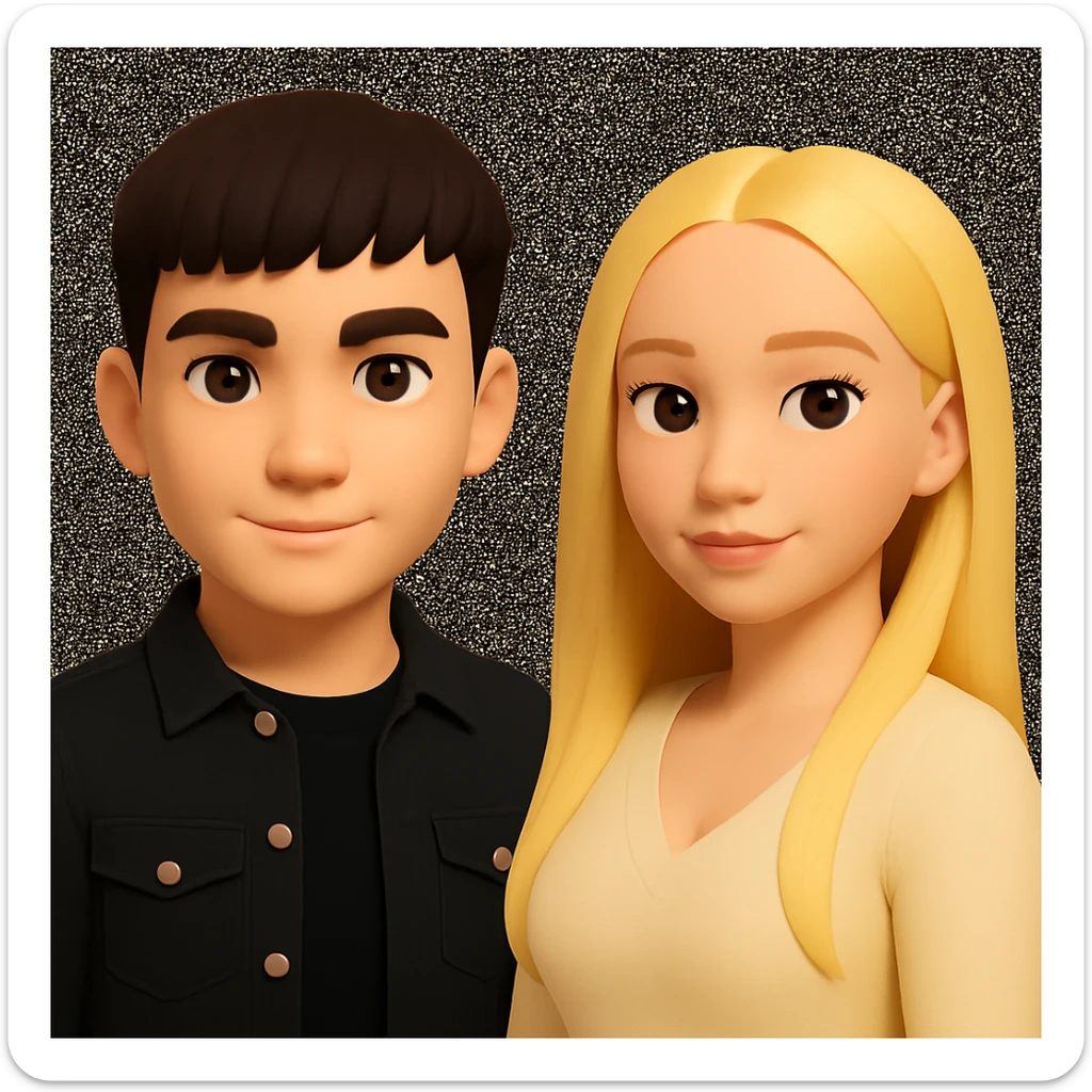 Slightly increase the volume of the upper body of the girl, separate the girl and the boy from each other, and make the skin color the same for both. Maintain the cartoonish 3D style in the edit. sticker