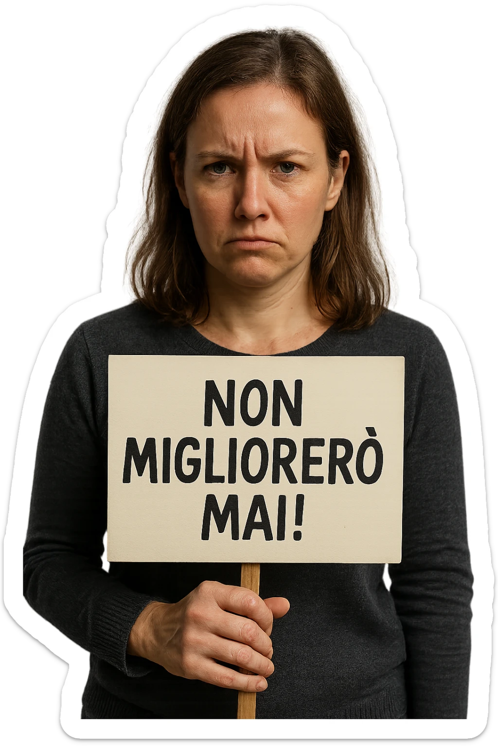 DONNA CHE TIENE UN CARTELLO IN MANO CON LA SCRITTA "NON MIGLIORERò MAI!", iperrealistico 4k sticker