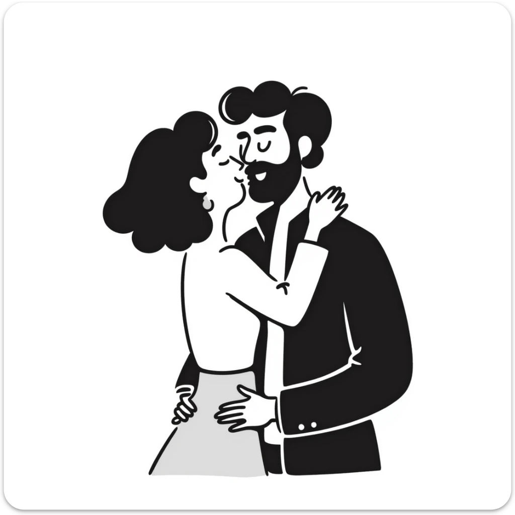 curly haired girl kissing a man with a beard, romantic couple kiss sticker