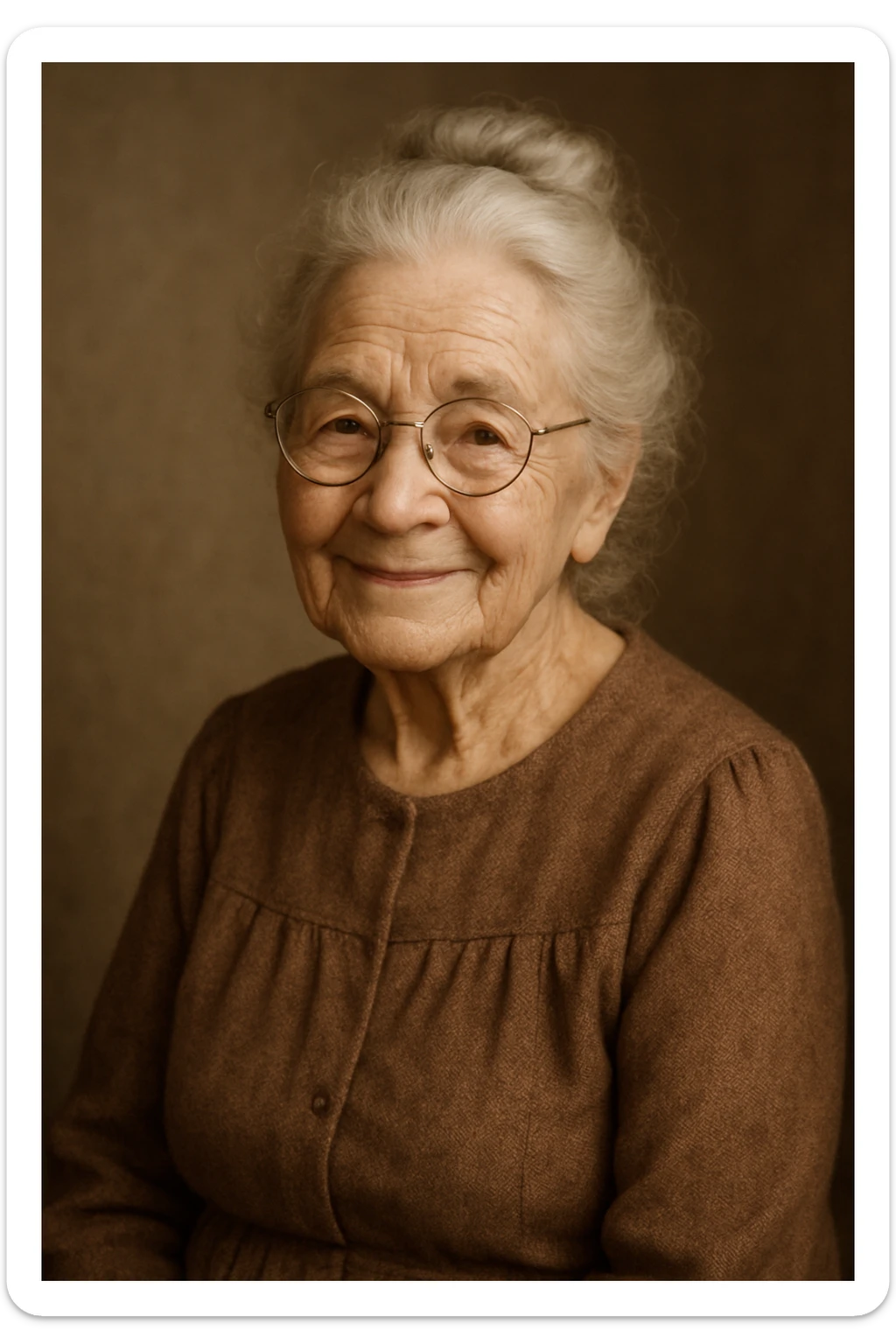 a very old lady grandma wearing glasses gentle smile silver hair in a bun simple dress cozy style sticker