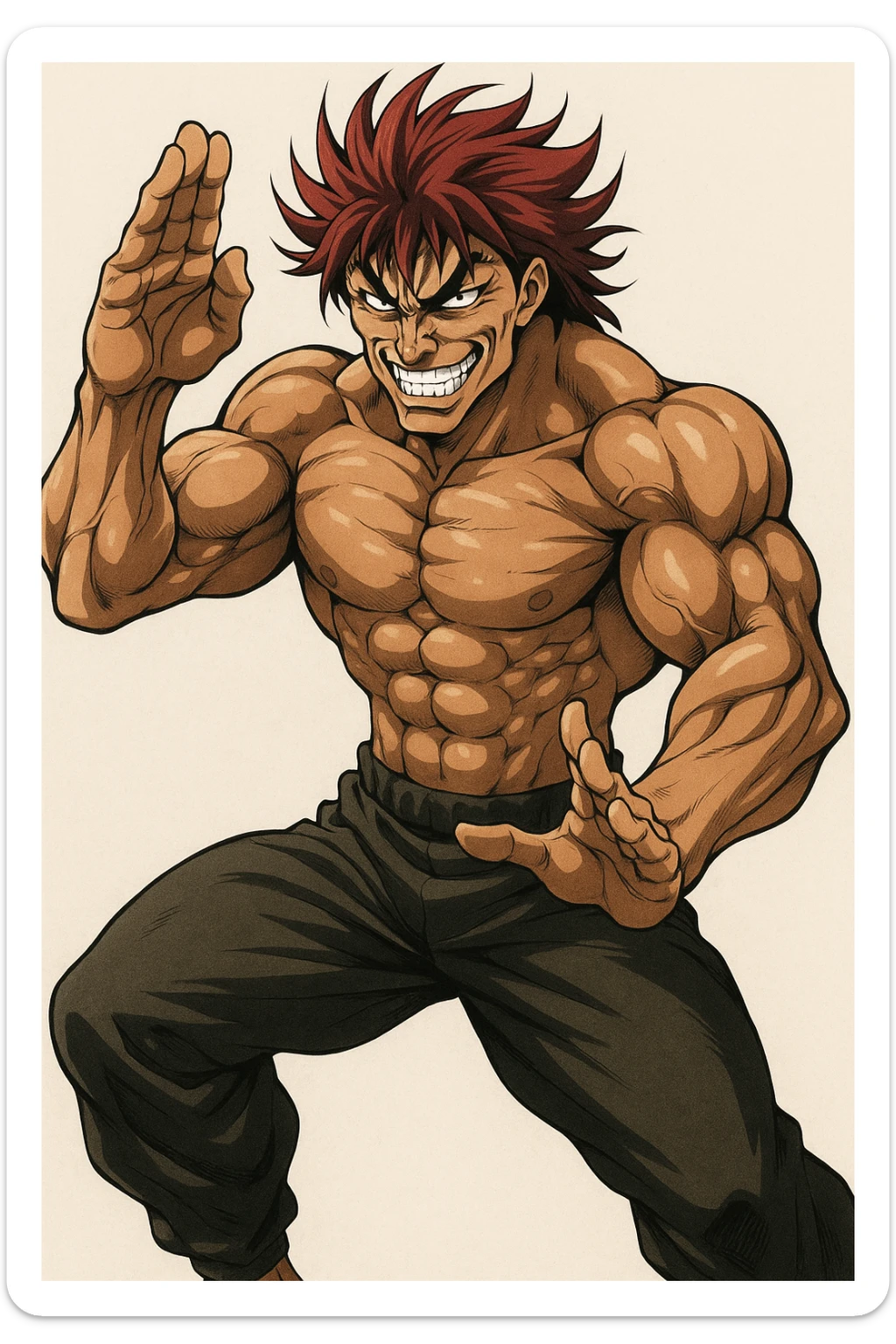 Yujiro Hanma, muscular anime character with red spiky hair, menacing grin, martial arts pose, style 2 sticker