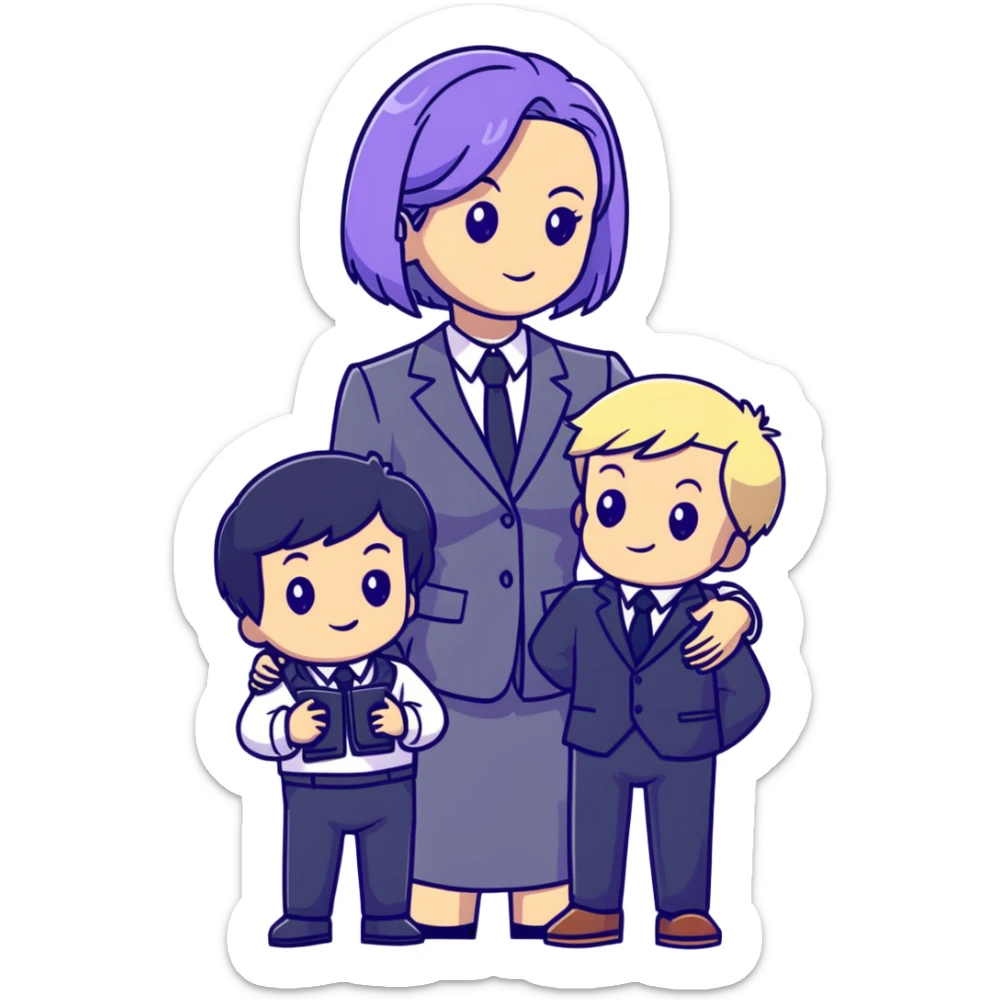 The Parr family from Incredibles in civilian clothes - Bob in business suit, Helen in casual clothes, Violet teen with black hair, Dash blonde boy, baby Jack-Jack sticker